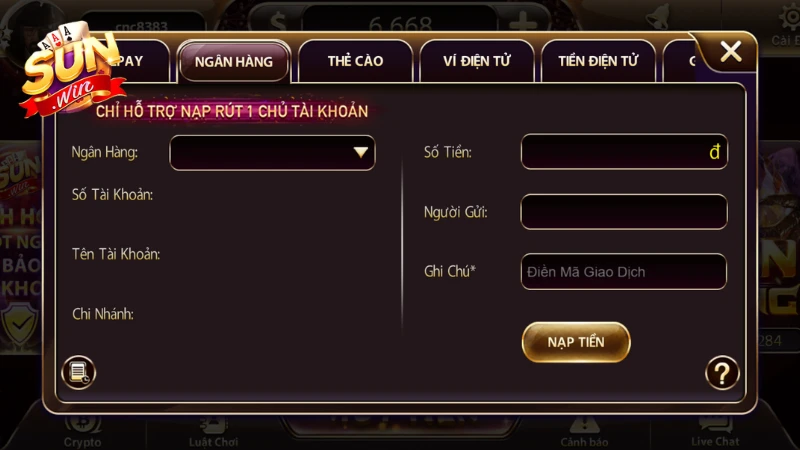 Điền chính xác và đầy đủ thông tin nạp tiền SunWin