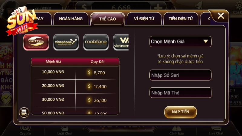 Người chơi cần lưu ý một số vấn đề khi nạp tiền cổng game SunWin